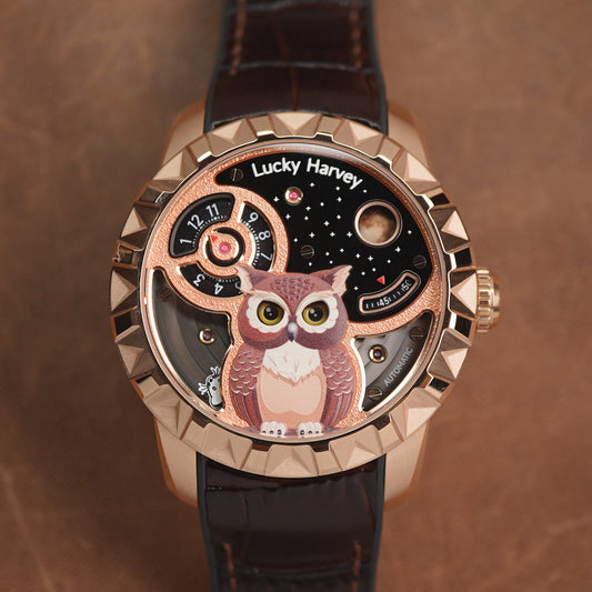 LUCKY HARVEY Rose Gold Blinking Eyes Owl Automatic