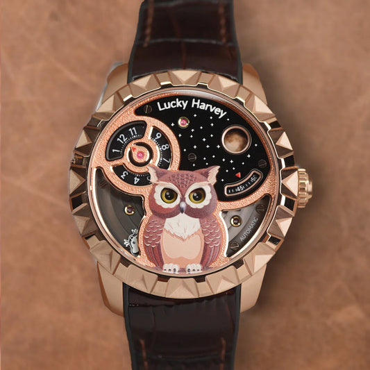 LUCKY HARVEY Rose Gold Blinking Eyes Owl Automatic