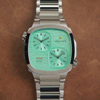 Vesuviate Attivo-Duplex 39mm Cyan Green Dual Dial - Horology Story Youtube Store